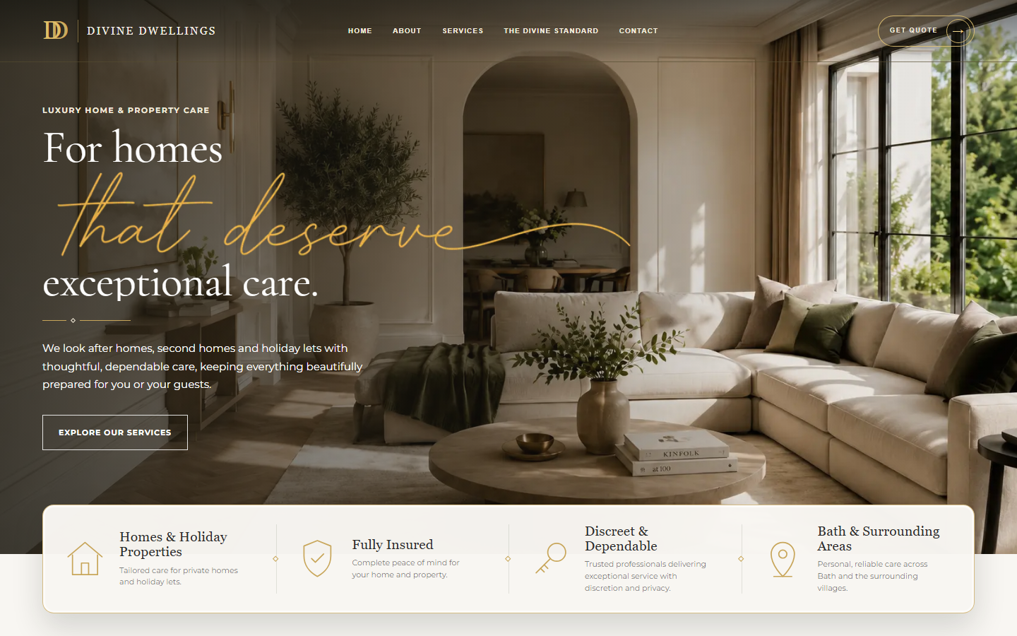 Divine Dwellings luxury property care website displayed on desktop